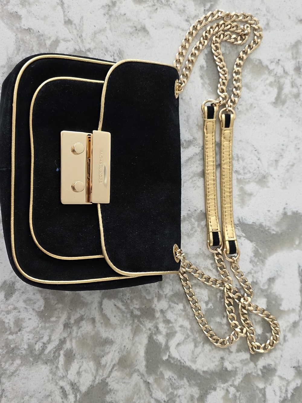 Michael Kors Sloan Black Suede Crossbody Bag with Gold Hardware - Designer Style